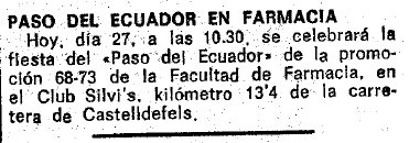 Noticia publicada en el diario LA VANGUARDIA el 27 de enero de 1971 sobre el paso del ecuador de una promocin de la Facultad de Farmacia en la discoteca Silvi's de Gav Mar